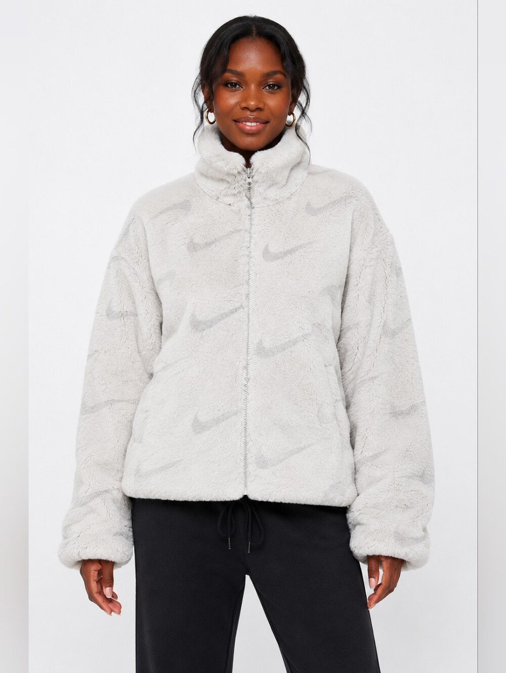 Nike All Over Swoosh Faux Fur Jacket Light Bone Grey Women Sz S
